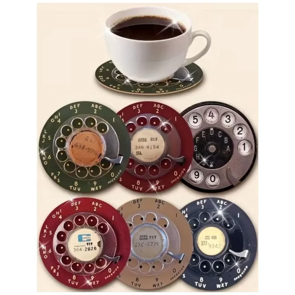 NWT Vintage Rotary Phone Dial 4-Inch Round MDF Wooden Coasters Set of 6
